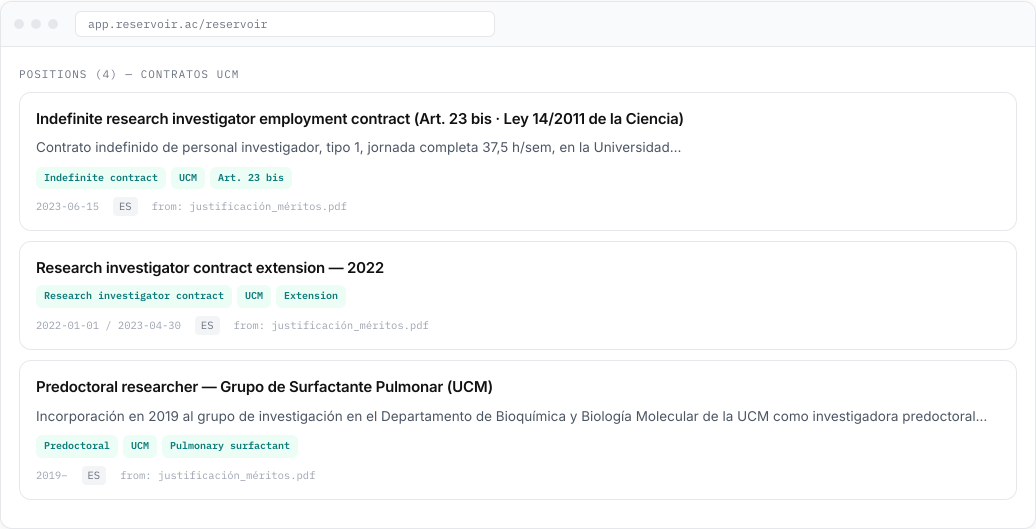 Bloques de Posiciones en Reservoir: contratos UCM y etapa predoctoral con su tipología