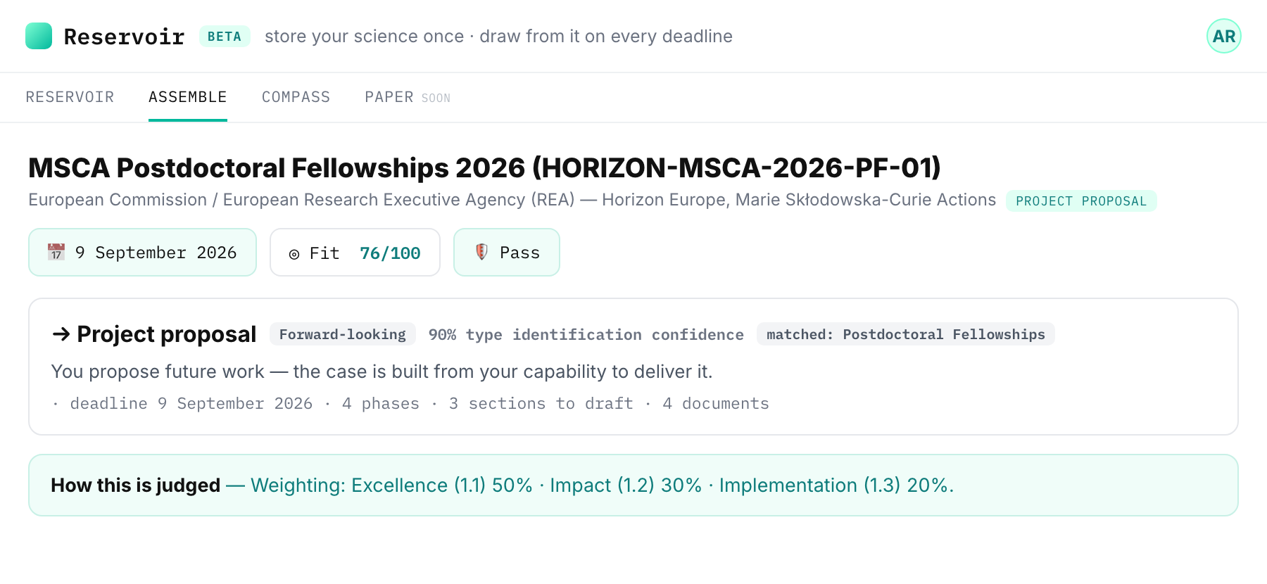 Assemble application overview for the MSCA PF 2026 showing Fit 76/100, Pass, and classification as a forward-looking project proposal at 90% confidence.