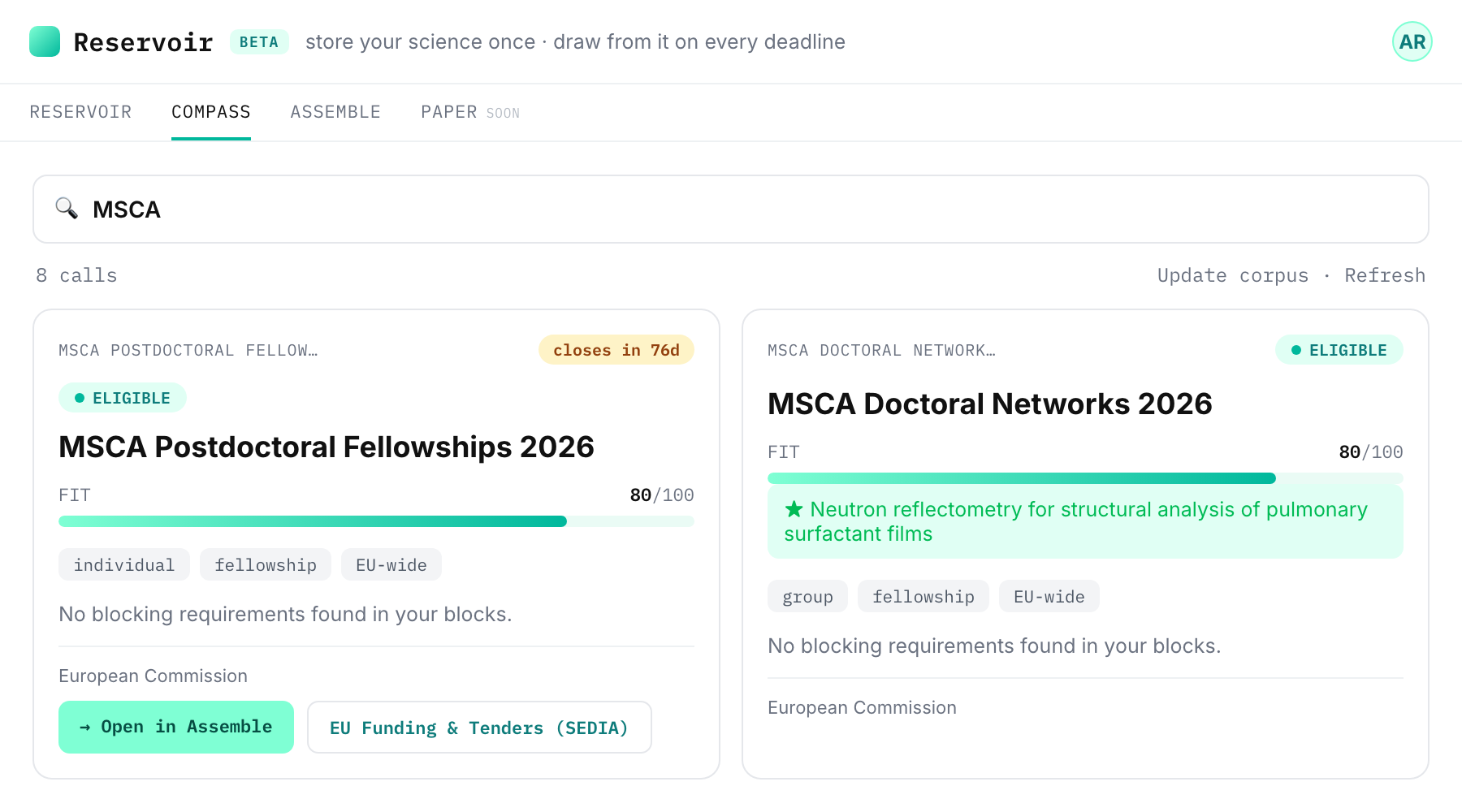 Reservoir Compass search for “MSCA” showing the Postdoctoral Fellowships 2026 call as ELIGIBLE with a FIT score of 80/100.